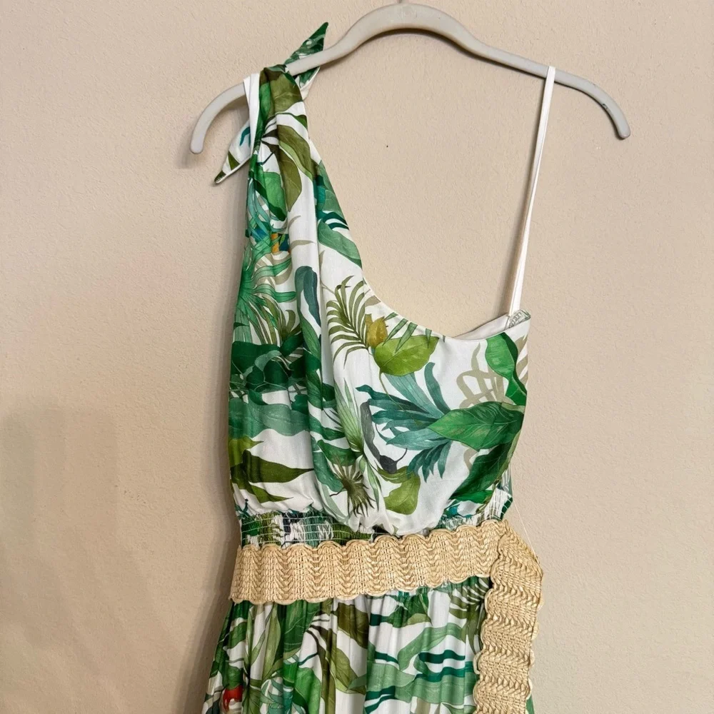 Antonio Melani LINEN Blend Selene Tropical Print One Shoulder Belted Dress Sz 12 - Picture 12 of 16